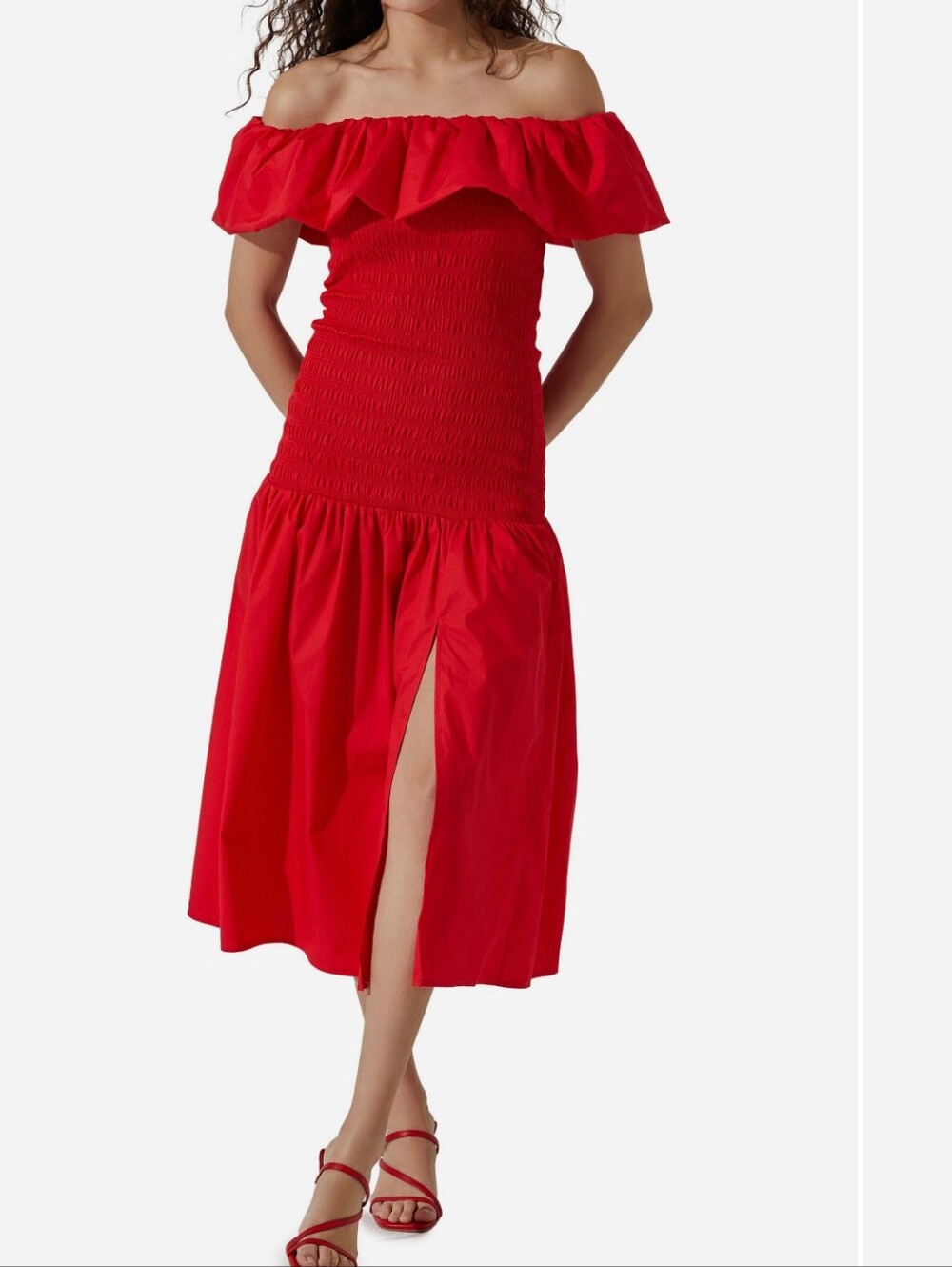 ASTR The Label Size XS Cherry Red Off The Shoulder Cotton Midi Dress